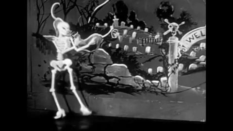 CIRCA 1940s - A puppeteer controls a skeleton dancing onstage in the 1940s.