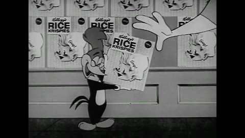 CIRCA 1950s - Cartoon character Woody Woodpecker advertises Kellogg’s Rice Krispies, in an animated television commercial, in the 1960s.