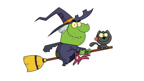 Halloween Witch And Cat Flying On A Broom Stick. 4K Animation Video Motion Graphics With White Background