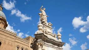 Sculpture in front of Palermo Cathedral church against blue sky, Sicily, Italy. Steadicam slow motion video