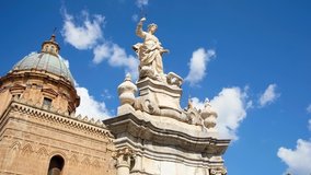 Sculpture in front of Palermo Cathedral church against blue sky, Sicily, Italy. Steadicam slow motion video