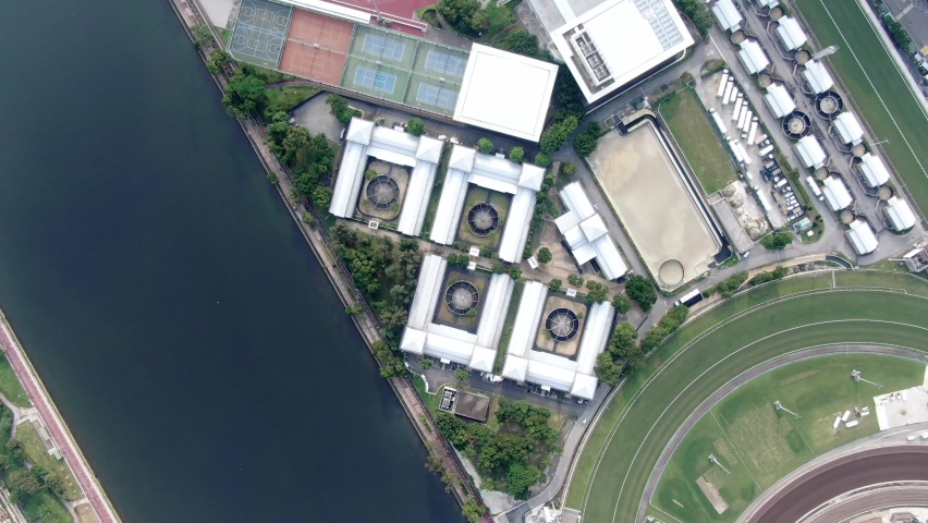 Aerial view of Hong Kong Sha Tin waterfront mega residential buildings.