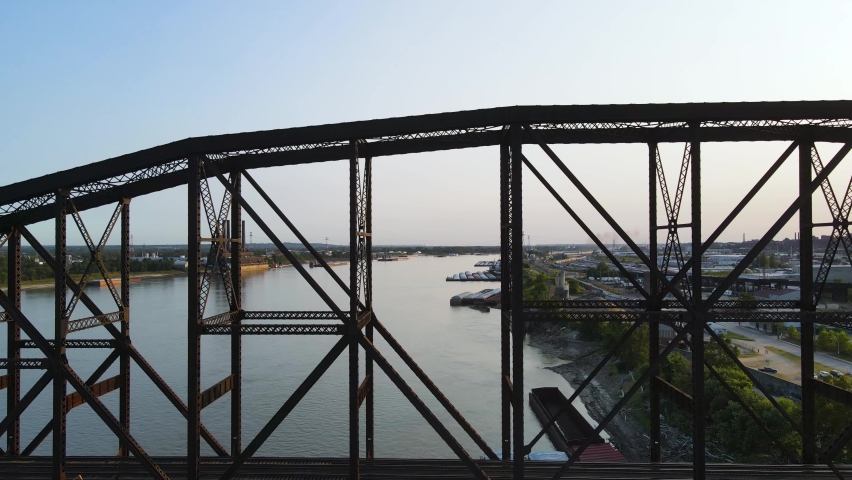 Saint Louis Bridge Crossing Mississippi River in Missouri - Epic Aerial Drone Establishing View