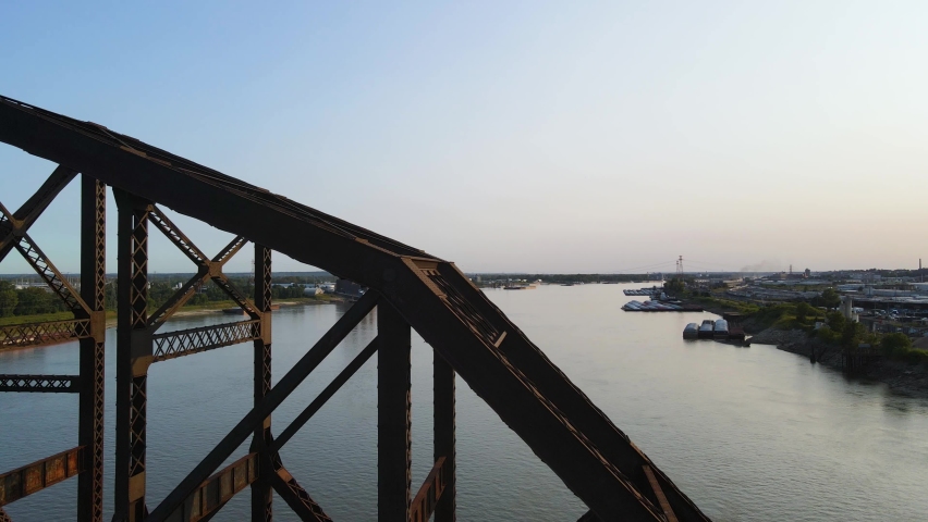 Merchants Bridge Crossing Mississippi River into St. Louis, Missouri - Aerial Drone Reveal