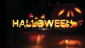 Text Happy Halloween and pumpkin. Happy Halloween Text Banner for party invitation in black background. Halloween Bats Flying up. Group or flock of Bats flying. Blur pumpkin background. - Powered by Shutterstock - Get 15% off with code: PIKWIZARD15