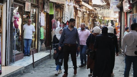 Damaskus / Syria - 11 01 2019: Bazaar in Damaskus, lots of people walking by.
