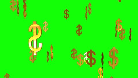 Golden dollar signs falling over green screen, loop animation.