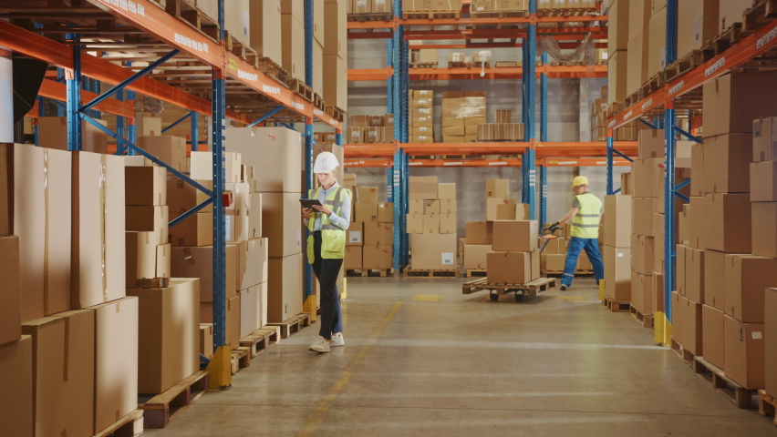 Retail Warehouse full of Shelves with Goods in Cardboard Boxes, Workers Scan and Sort Packages, Move Inventory with Pallet Trucks and Forklifts. Product Distribution Logistics Center | Shutterstock HD Video #1060977076