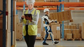 High-Tech Futuristic Warehouse: Manager Scans Packages for Inventory, Delivery in the Background Worker Wearing Advanced Full Body Powered exoskeleton, Walks with Heavy Pallet full of Cardboard Boxes - Powered by Shutterstock - Get 15% off with code: PIKWIZARD15