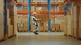 High-Tech Futuristic Warehouse: Manager Scans Packages for Inventory, Delivery in the Background Worker Wearing Advanced Full Body Powered exoskeleton, Walks with Heavy Pallet full of Cardboard Boxes - Powered by Shutterstock - Get 15% off with code: PIKWIZARD15