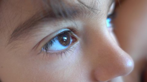 4K Close up eyes of child looking on window from home
