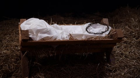 4K Dolly: Crown of Thorns in a Manger with Hay and Straw. Christmas / Easter Scene for the Nativity 