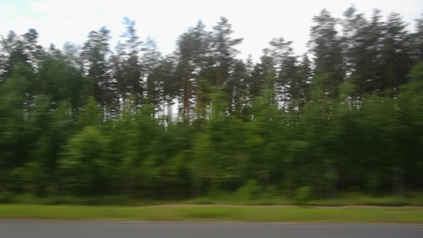 View through side window of car auto in motion on road along the forest in summer. Tourism and travel, journey trip concept. Beautiful nature and landscape. Cloudy weather Royalty-Free Stock Footage #1060981738