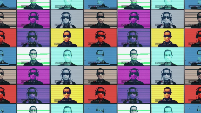 Face Mask Protection Men Pop Art Television Glitch. Men wearing face mask protection recorded in multiscreen colored television. Artistic artwork | Shutterstock HD Video #1060983406