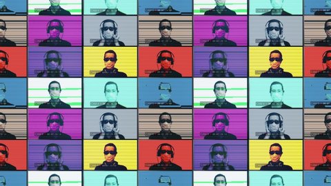 Face Mask Protection Men Pop Art Television Glitch. Men wearing face mask protection recorded in multiscreen colored television. Artistic artwork