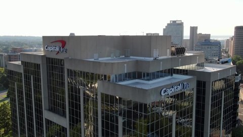 Wilmington , DE / United States - 09 07 2020: Aerial of Capital One bank headquarters, incorporated in Delaware USA, large American bank and issuer of consumer credit cards