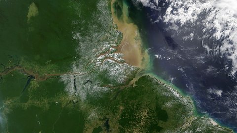 River delta satellite aerial view of Amazon river, landscape of Brazil South America with Atlantic ocean coastline animation. Based on image by Nasa