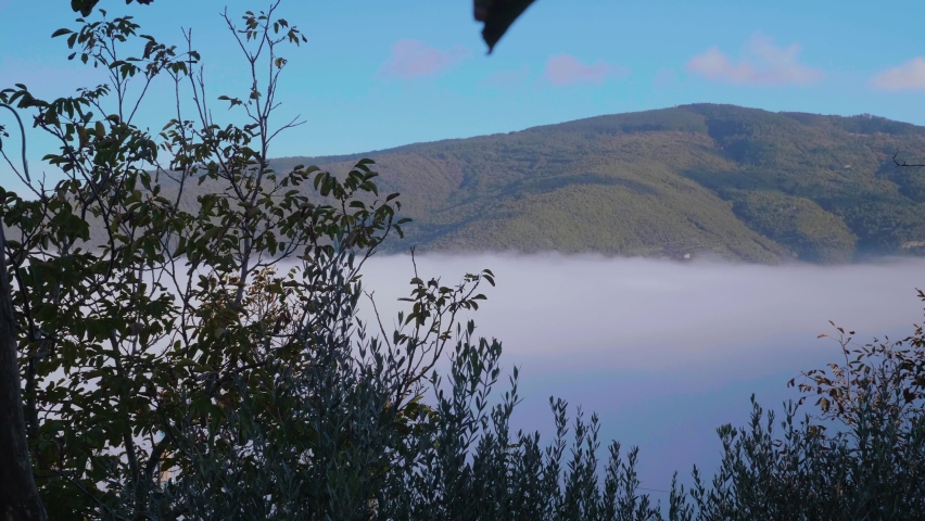 View of valley full of fog. Horizzontal pan