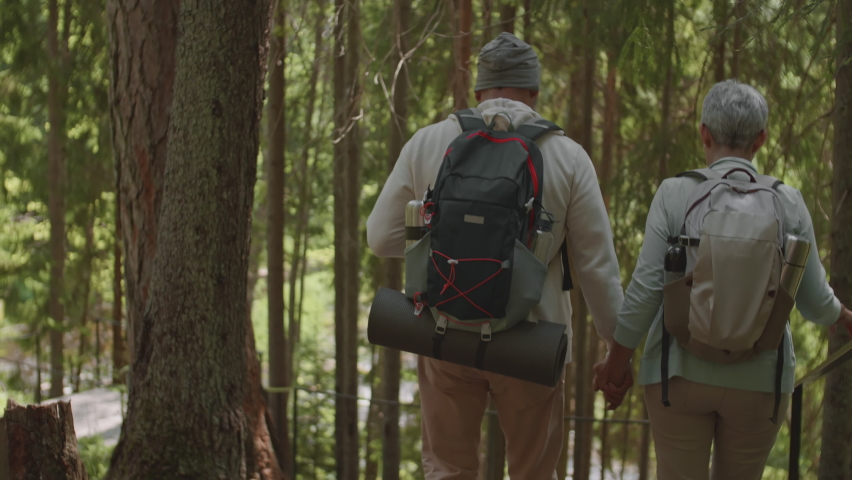 Rear view of old Asian woman and her husband wearing comfortable sportswear and backpacks going down wooden stairs in park and having chat