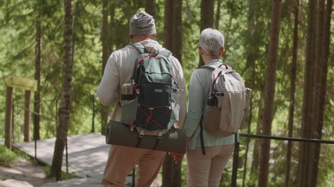 Rear view of old Asian woman and her husband wearing comfortable sportswear and backpacks going down wooden stairs in park and having chat