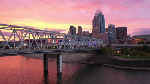 Cincinnati, OH / USA - October 10 2020: Cincinnati Ohio City Skyline Fall Autumn Sunset Sunrise Night Aerial 4K