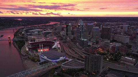 Cincinnati, OH / USA - October 10 2020: Cincinnati Ohio City Skyline Fall Autumn Sunset Sunrise Night Aerial 4K