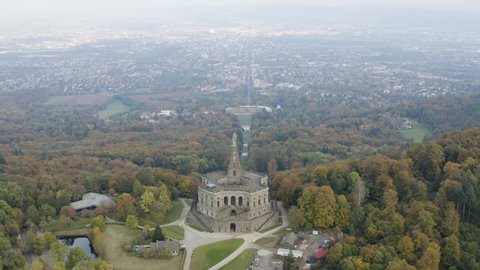 Drone Aerial view of the Hercules monument in the Bergpark Wilhelmshohe in Kassel, Hessen, Germany.