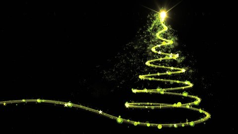 Glowing green Christmas tree animation with light and particles on black. 4k
