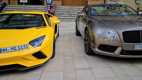 Monte-Carlo, Monaco - October 21, 2020: 8K Luxury Cars (Lamborghini, Bentley, And Ferrari) Line Up In Front Of The Entrance To The Casino De Monte-Carlo, Monaco, Europe - 8K UHD (7680 x 4320)