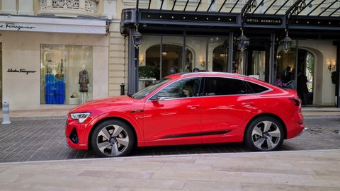 Monte-Carlo, Monaco - October 21, 2020: 8K Luxurious Red Audi E-Tron 55 Quattro Parked In Front Of The Hotel Hermitage Monte-Carlo In Monaco On The French Riviera, Europe - 8K UHD (7680 x 4320)