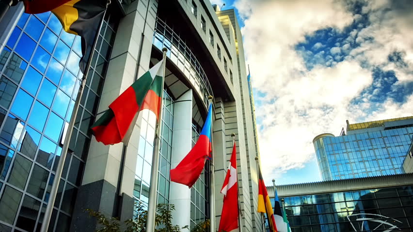 EU members flags waiving in front of European Parliament building. Brussels, Belgium (full HD, 1080p)
