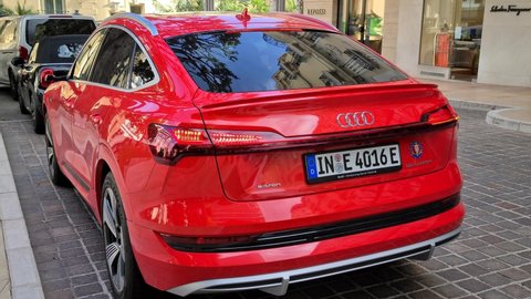 Monte-Carlo, Monaco - October 21, 2020: 8K Red Audi E-Tron 55 Quattro (Rear View) Parked In Front Of The Hotel Hermitage Monte-Carlo In Monaco On The French Riviera, Europe - 8K UHD (7680 x 4320)