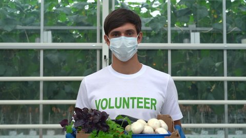 Food bank male volunteer portrait, man is holding a box of food to help people in poverty. male with t-shirt and mask hold donation charity vegetables. concept greenhouse, coronavirus pandemic