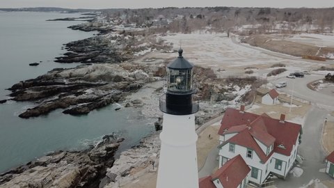 One of the oldest lighthouses on USA Atlantic coast, in Portland (Maine) (aerial view)