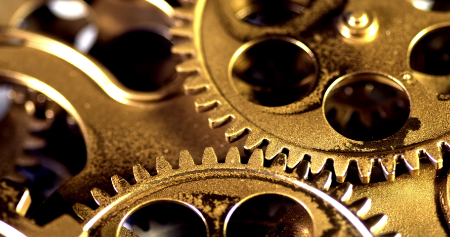Close Up Old Golden Gears Turning in Working Mechanism  | Shutterstock HD Video #1061024203