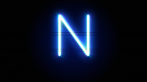 Neon font letter N uppercase appear in center and disappear after some time. Animated blue neon alphabet symbol on black background. Looped animation.