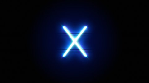 Neon font letter X lowercase appear in center and disappear after some time. Animated blue neon alphabet symbol on black background. Looped animation.