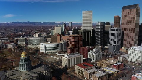 Denver , Colorado / United States - 01 10 2020: Aerial footage of downtown Denver Colorado and the State Capitol.