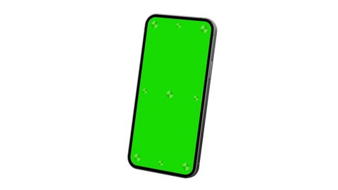 Smartphone blank green screen with indicators flies in with rotate into the frame. Luma matte included for easy replacing background. Modern frameless design, no motion blurs and all in focus.