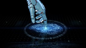 Close-up Artificial Intelligence Concept: Robot Finger Touch Screen Connection and Activate Futuristic Web Quantum AI. 3D Visualization Computer Technology Machine Learning, Digitalization Brain HUD - Powered by Shutterstock - Get 15% off with code: PIKWIZARD15