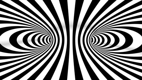 4k Seamless loop. Abstract black and white three dimensional geometrical wormhole motion graphics. Striped optical illusion. Black and white optical illusion tunnel. Surrealism lines moving.