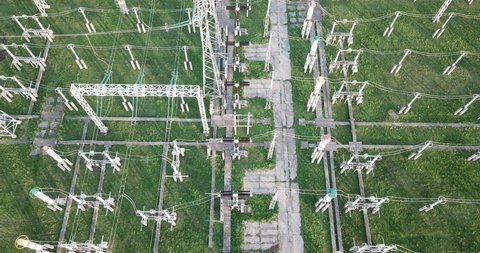 Transformer : The equipment used to raise or lower voltage, high voltage power station. Top view from flying drone