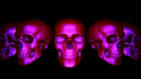 3D Halloween skulls rotate 360 degrees in this seamlessly looping video background. The skulls are isolated on a transparent background.