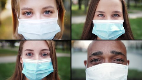 Portraits of happy multinational group of people in masks. Young people take off medical masks and smile. End of coronavirus covid 19 quarantine