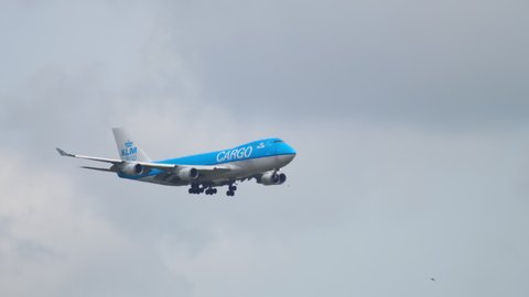 AMSTERDAM, THE NETHERLANDS - JULY 27, 2017: KLM Cargo Boeing 747 airfreighter on final approach before landing at Schiphol airport in Amsterdam.