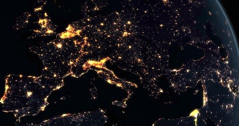 Europe at night in the earth planet rotating from space