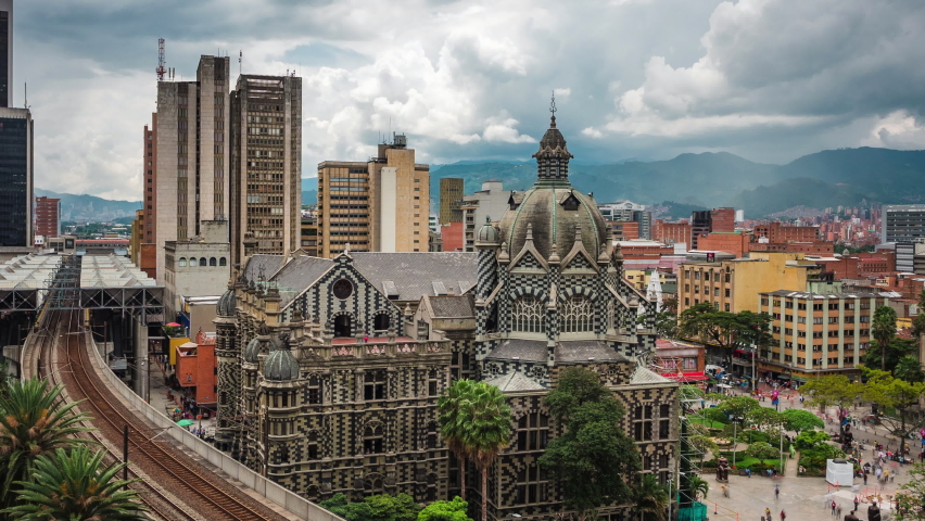 Zoom out timelapse view of Plaza Botero square in the Old Quarter of Medellin, Antioquia Department, Colombia. 