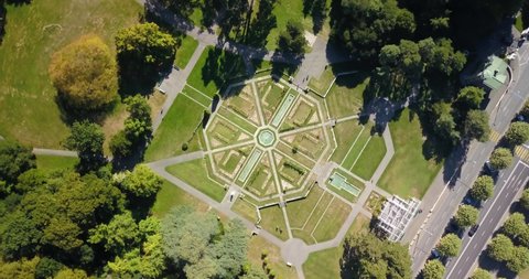 Aerial view of the Roseraie at Parc De La Grange, Geneva, Switzerland. Vue aérienne de la roseraie filmée par un drone en 4k, Genève, Suisse.