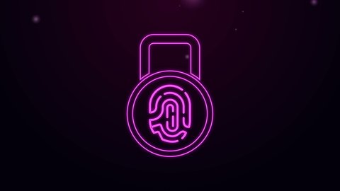 Glowing neon line Fingerprint with lock icon isolated on purple background. ID app icon. Identification sign. Touch id. 4K Video motion graphic animation.