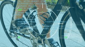 Animation of digital interface with scopes scanning and data processing over woman exercising, riding a bike. Global computer network technology concept digitally generated image. - Powered by Shutterstock - Get 15% off with code: PIKWIZARD15